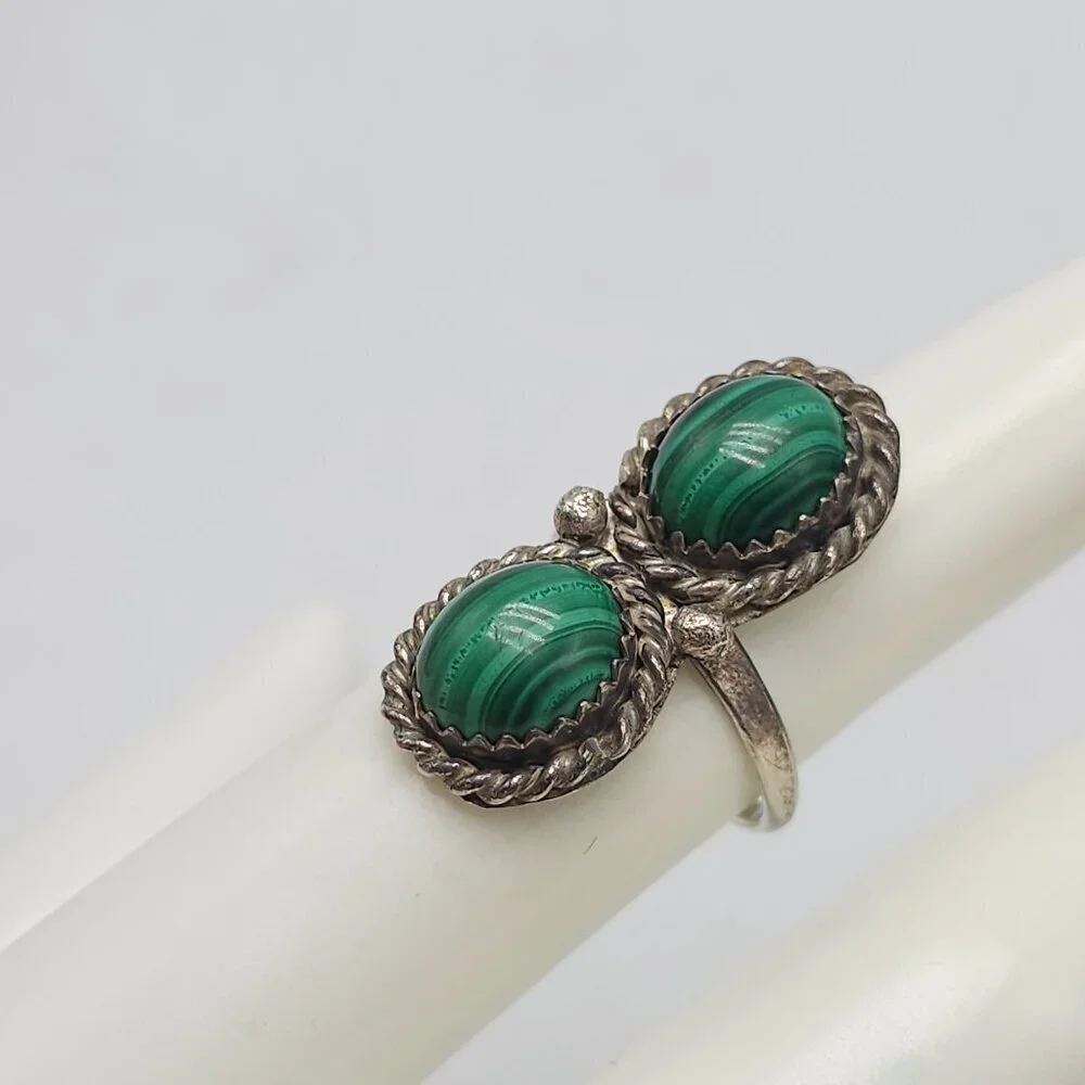 Vintage Navajo Sterling Silver Green Malachite Double Stone Ring Size 5